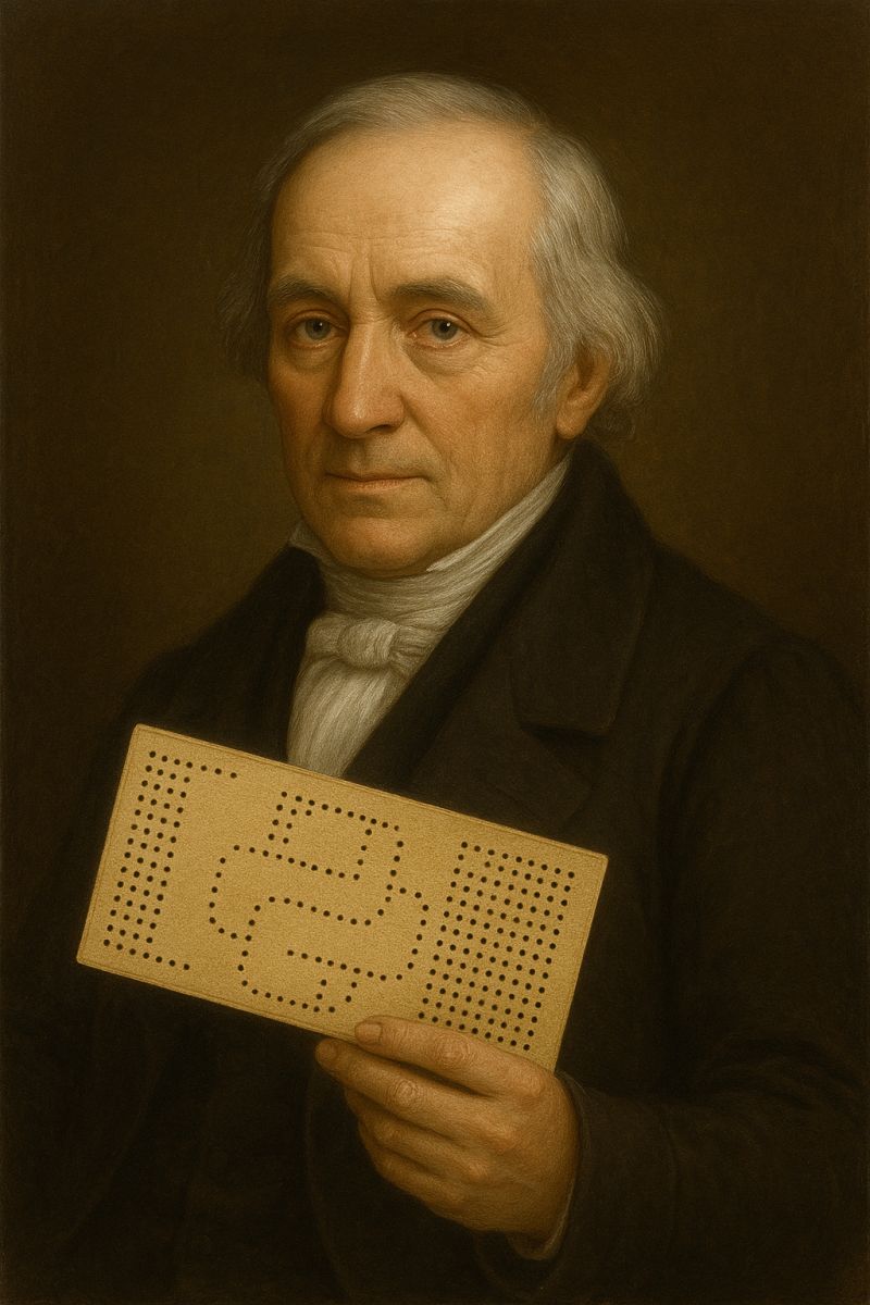AI-generated image showing Joseph Marie Jacquard holding a punched card